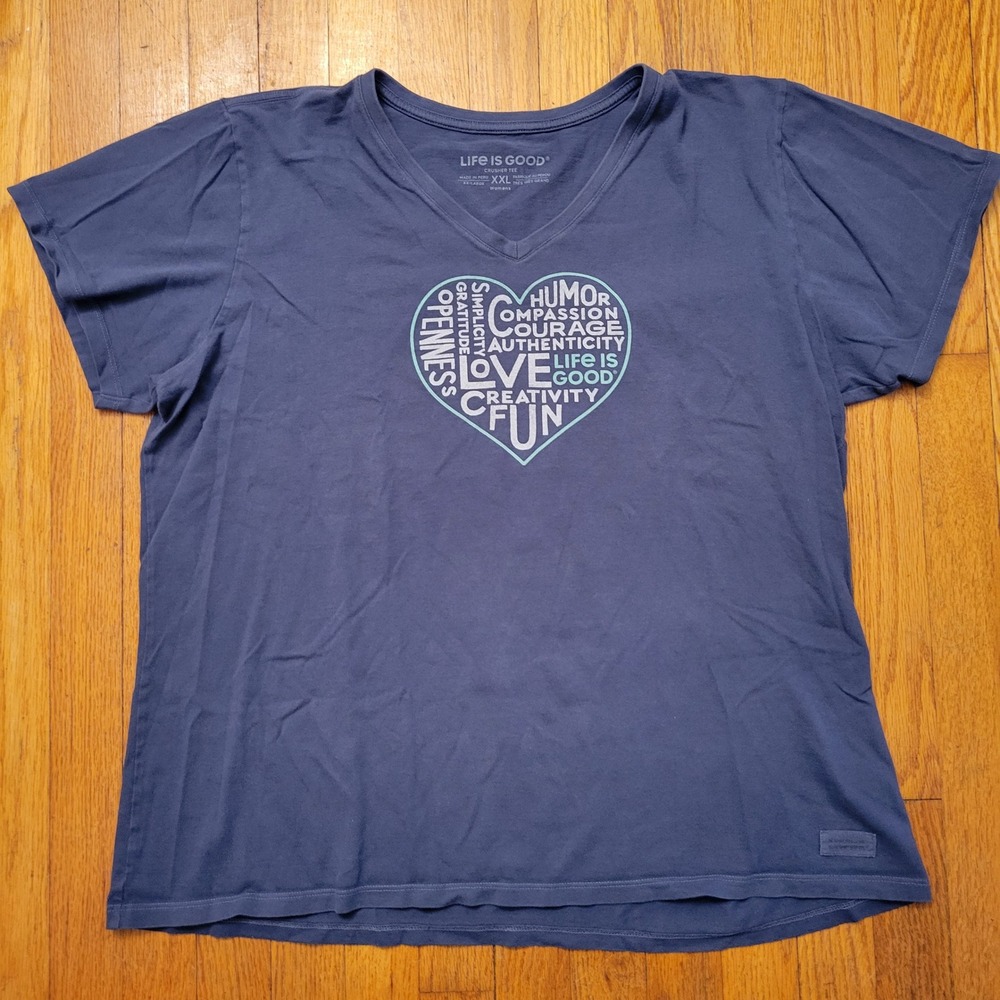 Life is Good XXL Crusher‎ Tee Blue Heart Inspirational V Neck Cotton T Shirt